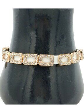 White Vegan Leather Crystal Bracelet Slide Panels Adjustable Buckle 8" - 9.5"